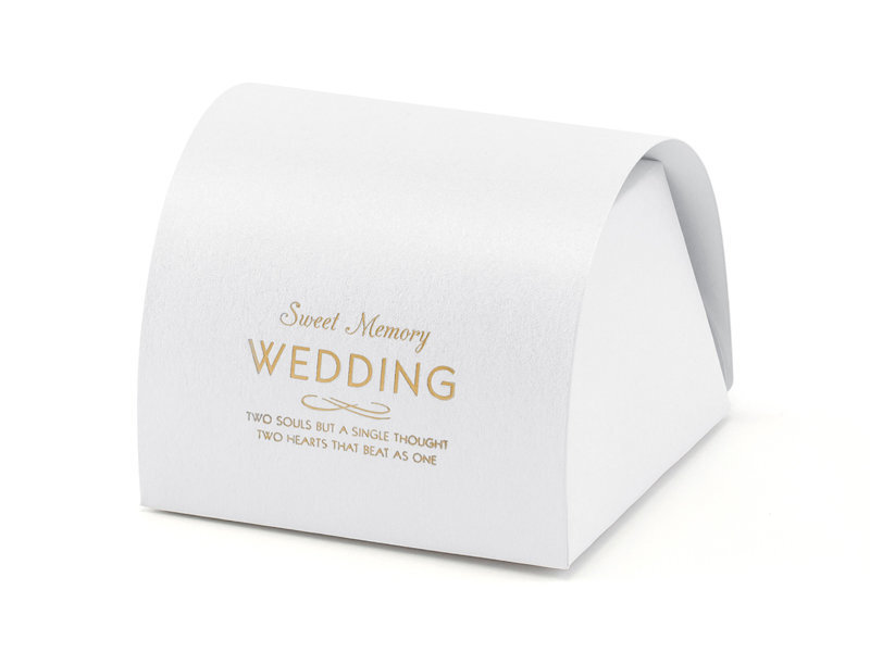 Dekoratyvinės dėžutės skanėstams Sweet Memory Wedding, baltos su auksinės spalvos užrašu, 6,1x6x4,7 cm, 1 pak/10 vnt
