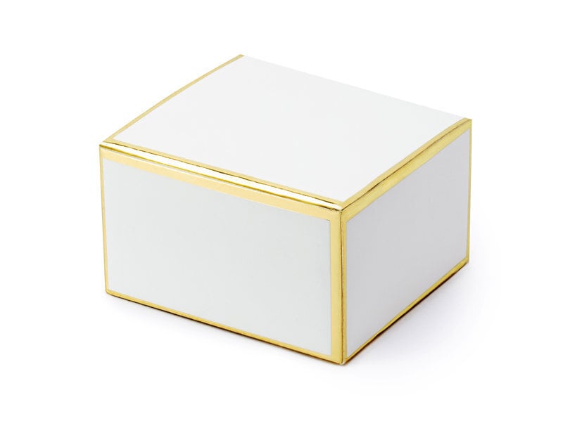 Dekoratyvinės dėžutės skanėstams, baltos su auksinės spalvos kraštais, 6x3,5x5,5 cm, 1 dėž/50 pak (1 pak/10 vnt)