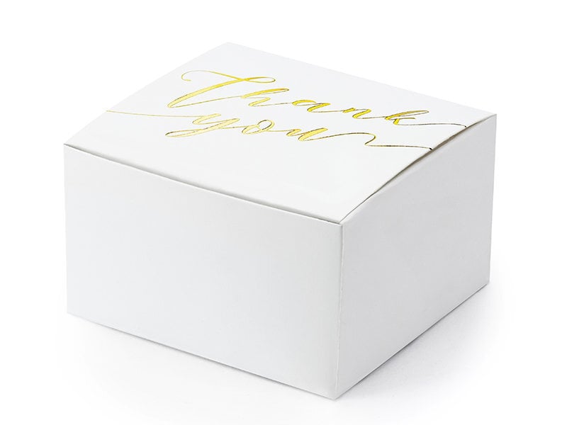 Dekoratyvinės dėžutės skanėstams Thank you, baltos su auksinės spalvos užrašu, 6x3,5x5,5 cm, 1 pak/10 vnt kaina