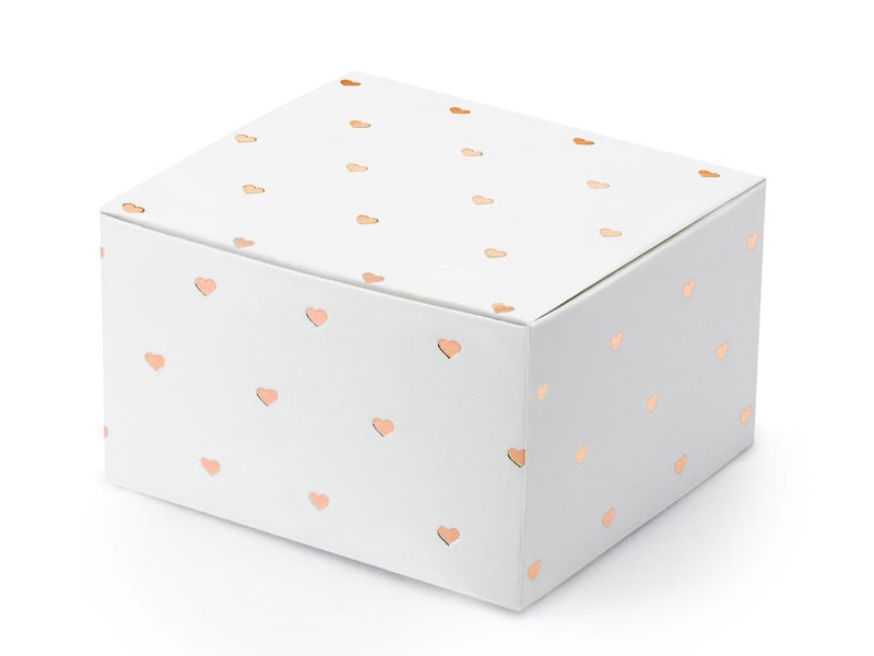 Dekoratyvinės dėžutės skanėstams, baltos su rožinio aukso spalvos širdelėmis, 6x3,5x5,5 cm, 1 pak/10 vnt kaina
