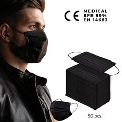 Medicininės vienkartinės juodos veido kaukės BFE 99%, 50 vnt. kaina ir informacija | Pirmoji pagalba | pigu.lt