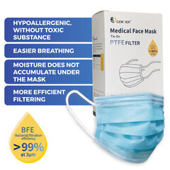 Medicininės kaukės su NANO PTFE filtru su raišteliais, 40 vnt., BFE ir VFE 99.9% kaina ir informacija | Pirmoji pagalba | pigu.lt