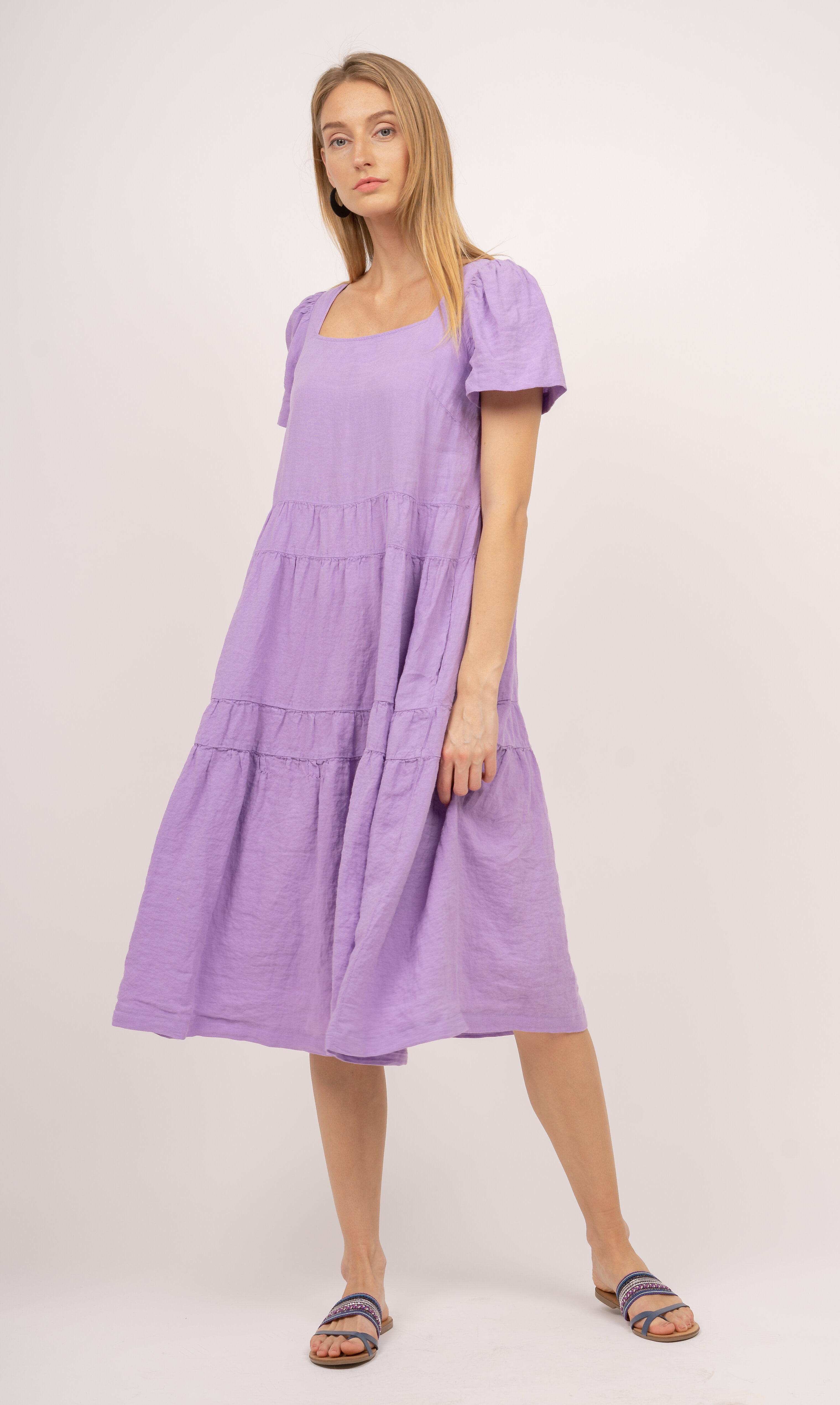 الكرنب جرف شارب  Lininė suknelė su rauktais volanais ir pūstomis rankovėmis moterims,  violetinė kaina | pigu.lt