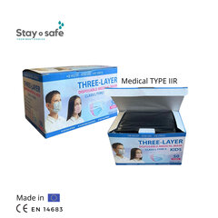 Vienkartinės medicininės TYPE IIR veido kaukės 3-jų sluoksnių vaikiškos, juodos, 50 vnt. kaina ir informacija | Pirmoji pagalba | pigu.lt