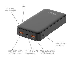 Budi Power Bank 20000 mAh, 2x USB QC3.0 + USB-C PD 18W kaina ir informacija | Atsarginiai maitinimo šaltiniai (power bank) | pigu.lt