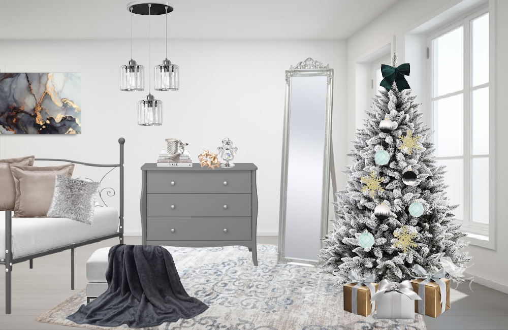 рождественский интерьер комнаты в серебристом цвете
