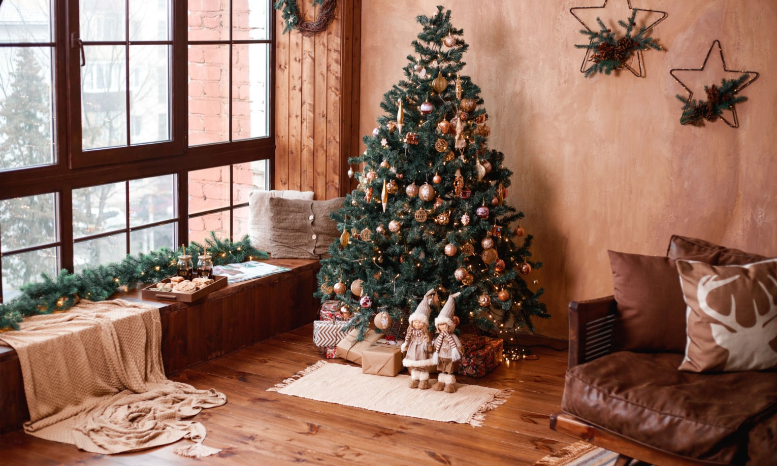новогодняя елка и гостиная в стиле rustic