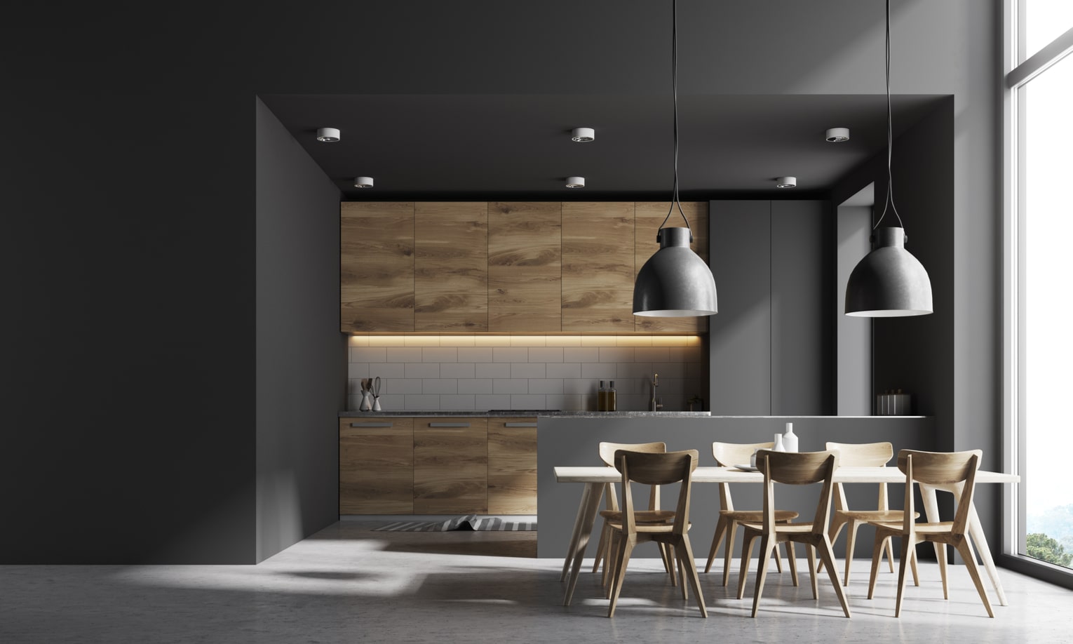 minimalistinis tamsiu atspalviu virtuves interjeras