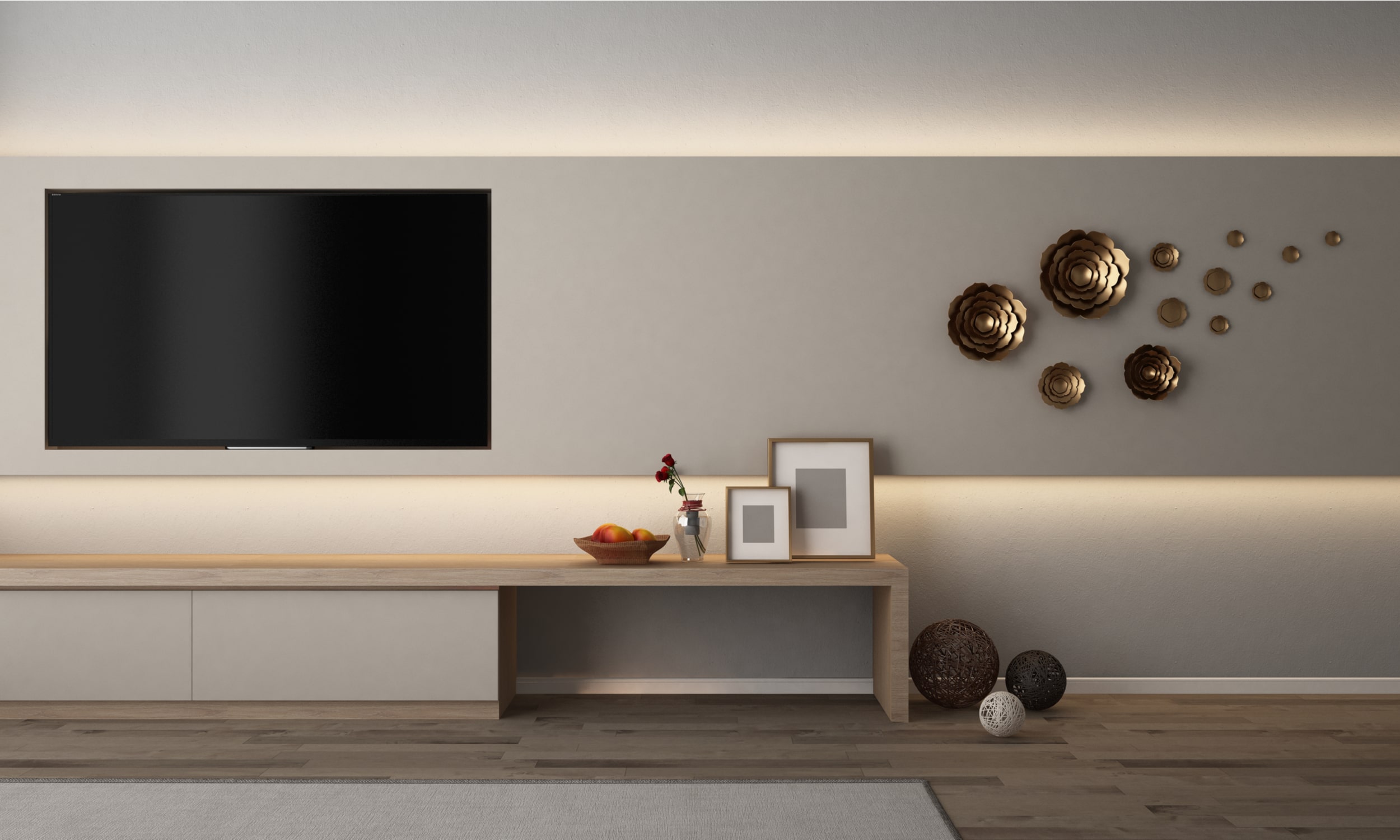 televizors uz sienas viesistaba ar nespilgtu apgaismojumu no led lentam
