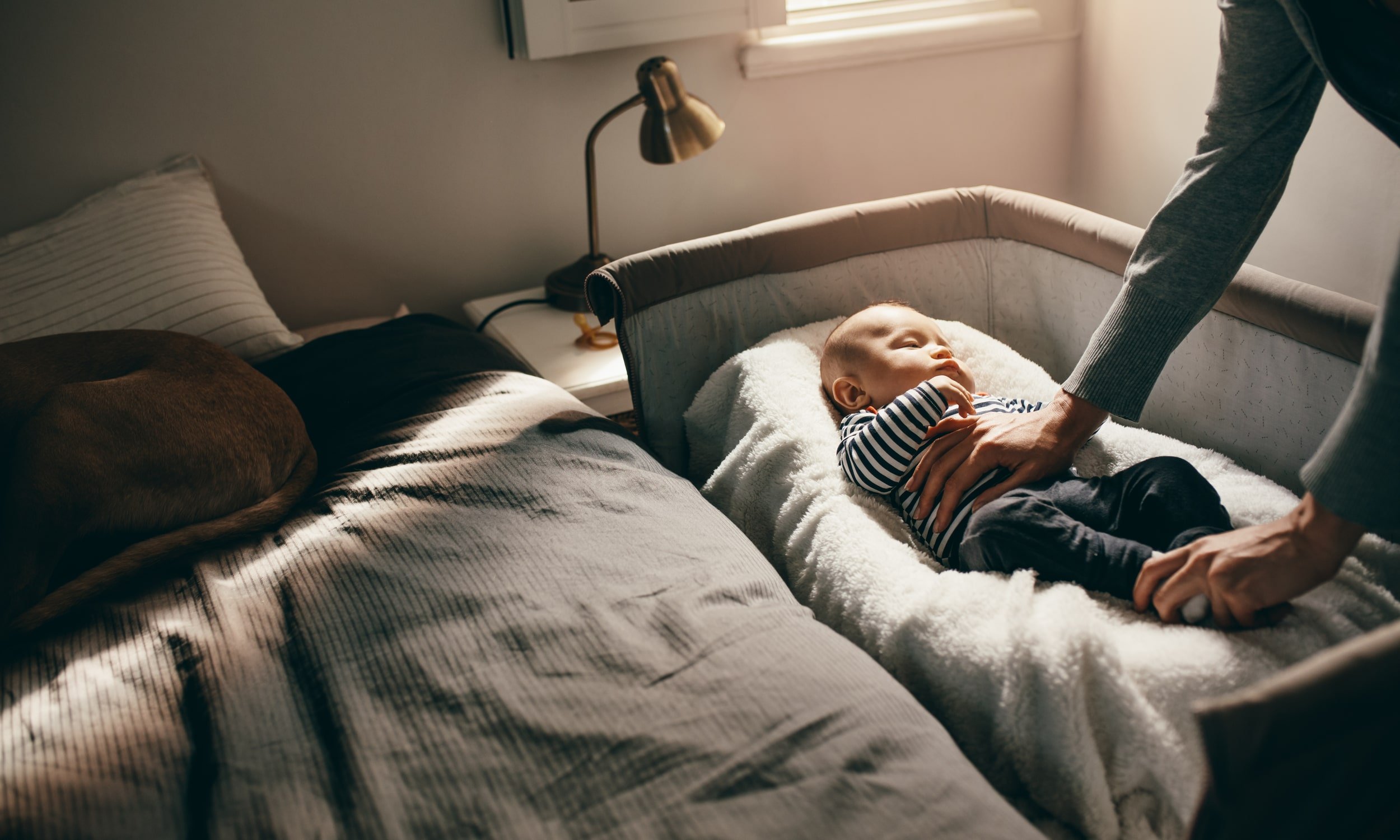 ребенок лежит в кроватке приставленной к кровати родителей