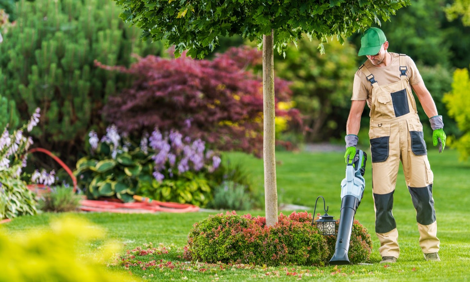 садовник использует ручную воздуходувку для уборки листьев