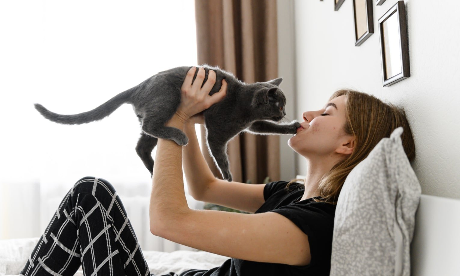 хозяйка держит кошку на руках и ее целует
