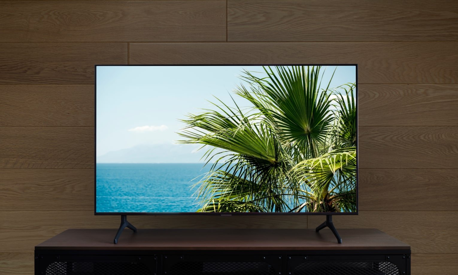 смарт-телевизор с изображением пальм на комоде
