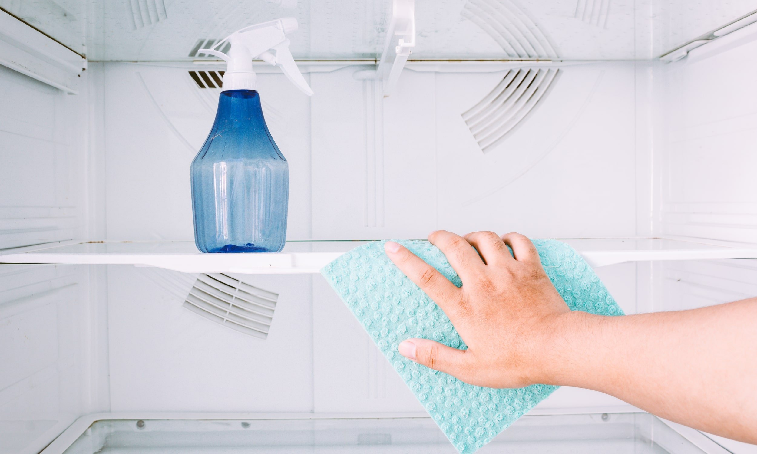 külmkapi puhastamine lapi ja spetsiaalsete puhastusvahenditega