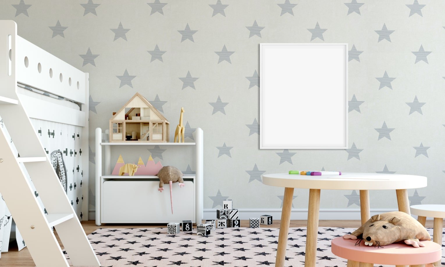 vaiko kambarys dekoruotas tapetais su zvaigzdemis